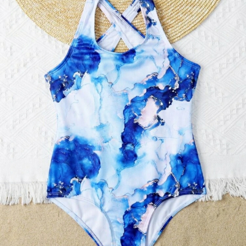 Girls Marble Printed Crisscross Back Swimsuit